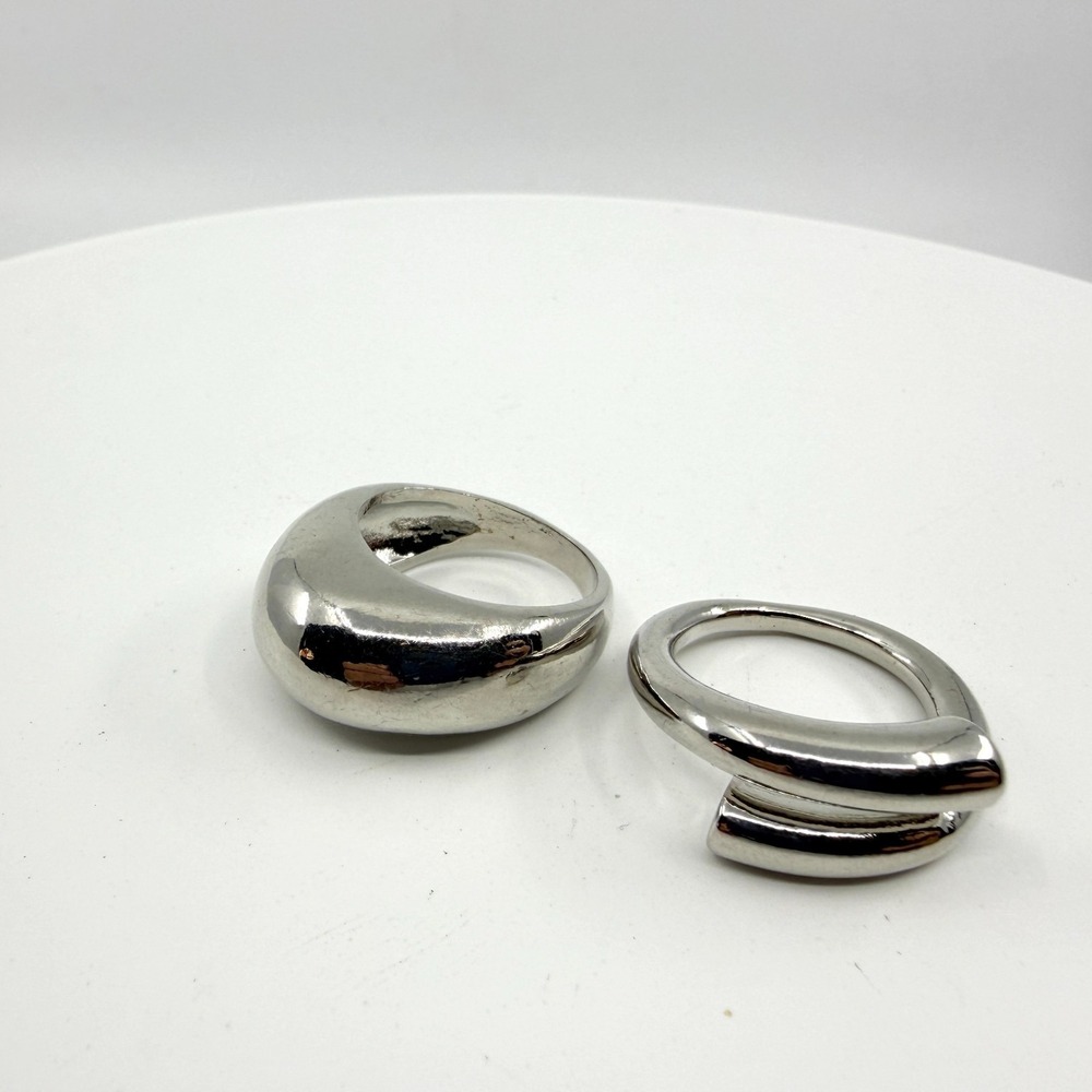 Silver Tone Abstract Chunky Statement Rings Set - Modern Minimalist Duo